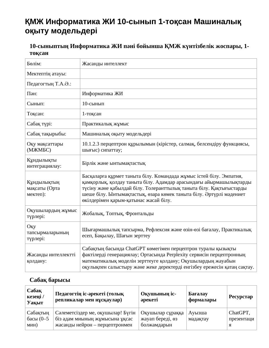 ҚМЖ Информатика ЖИ 10-сынып 1-тоқсан Машиналық оқыту модельдері