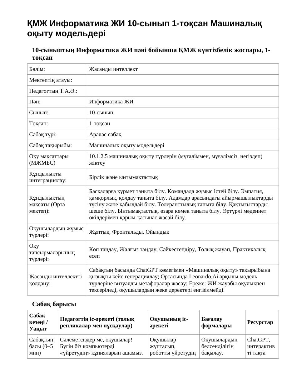 ҚМЖ Информатика ЖИ 10-сынып 1-тоқсан Машиналық оқыту модельдері