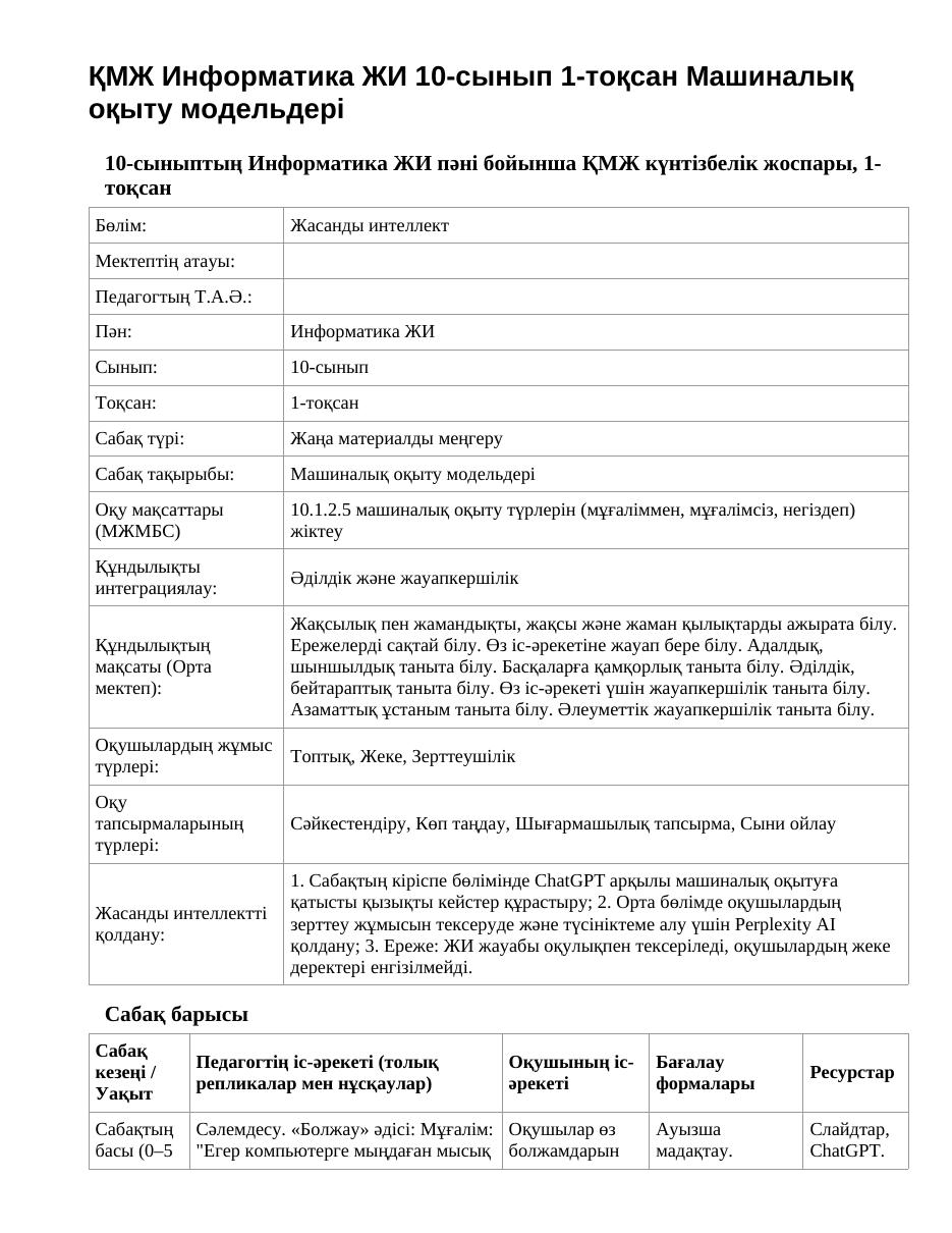 ҚМЖ Информатика ЖИ 10-сынып 1-тоқсан Машиналық оқыту модельдері