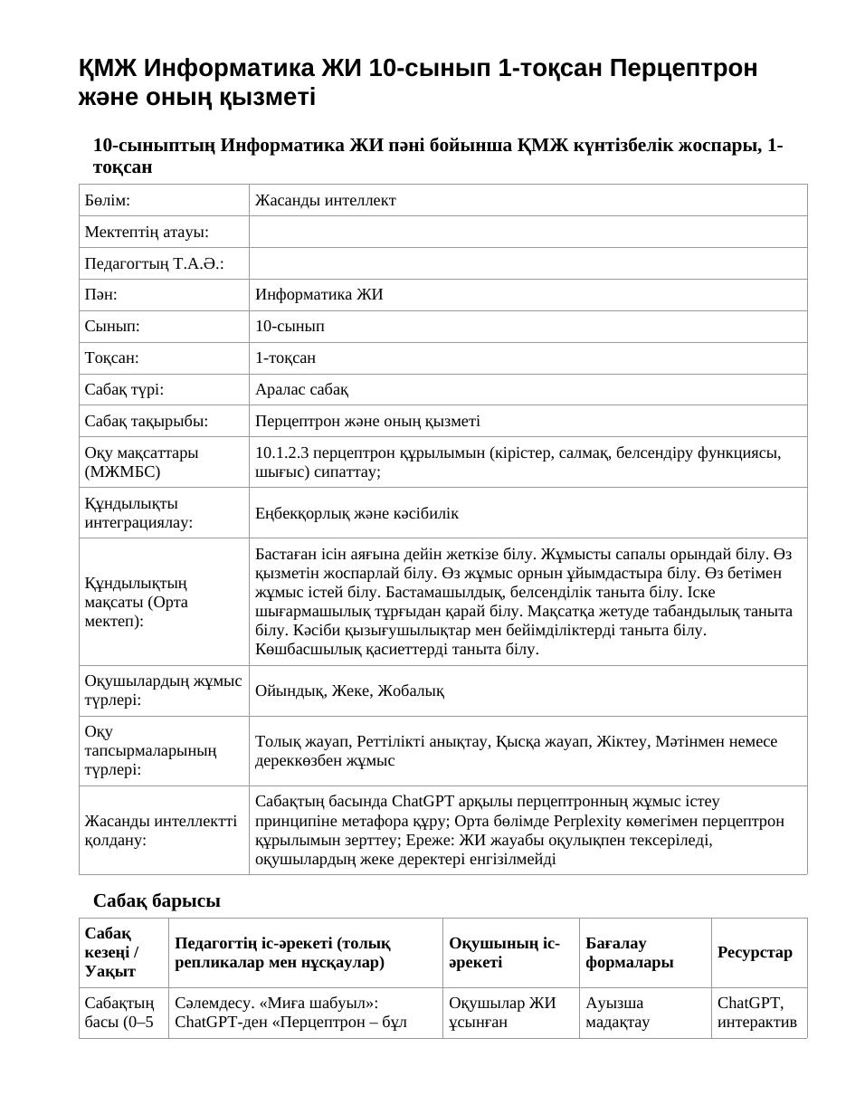 ҚМЖ Информатика ЖИ 10-сынып 1-тоқсан Перцептрон және оның қызметі