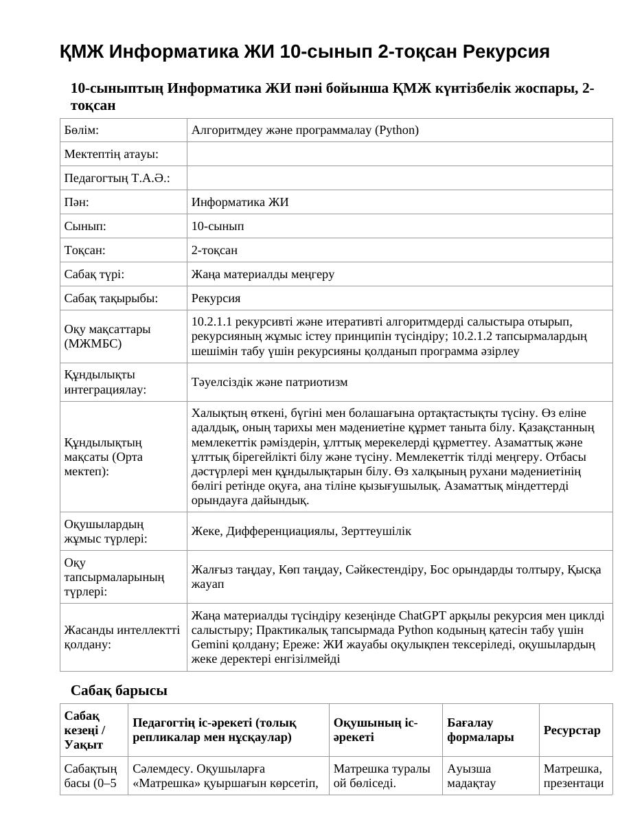 ҚМЖ Информатика ЖИ 10-сынып 2-тоқсан Рекурсия