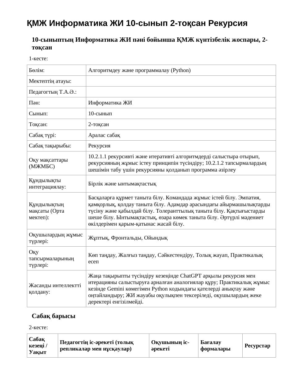 ҚМЖ Информатика ЖИ 10-сынып 2-тоқсан Рекурсия
