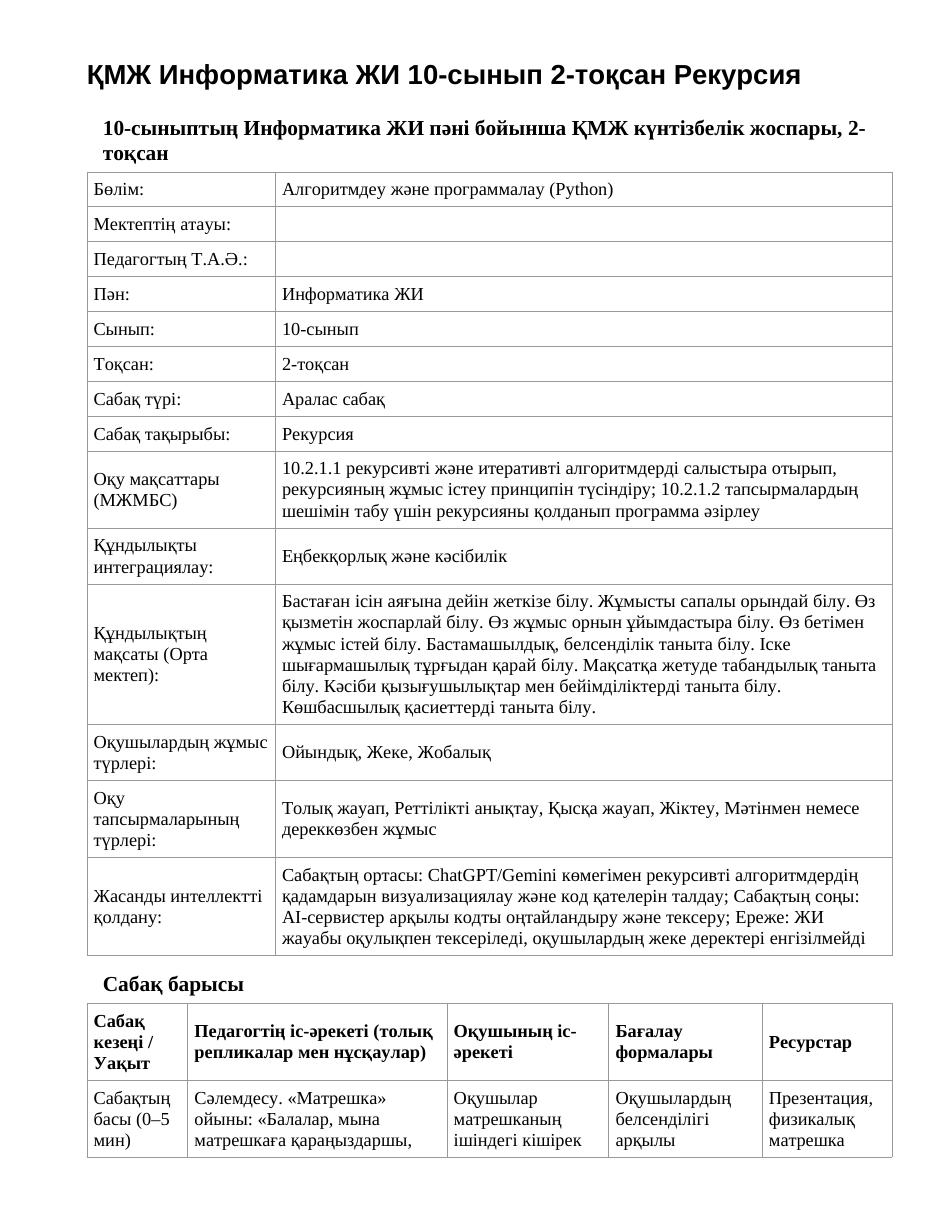 ҚМЖ Информатика ЖИ 10-сынып 2-тоқсан Рекурсия