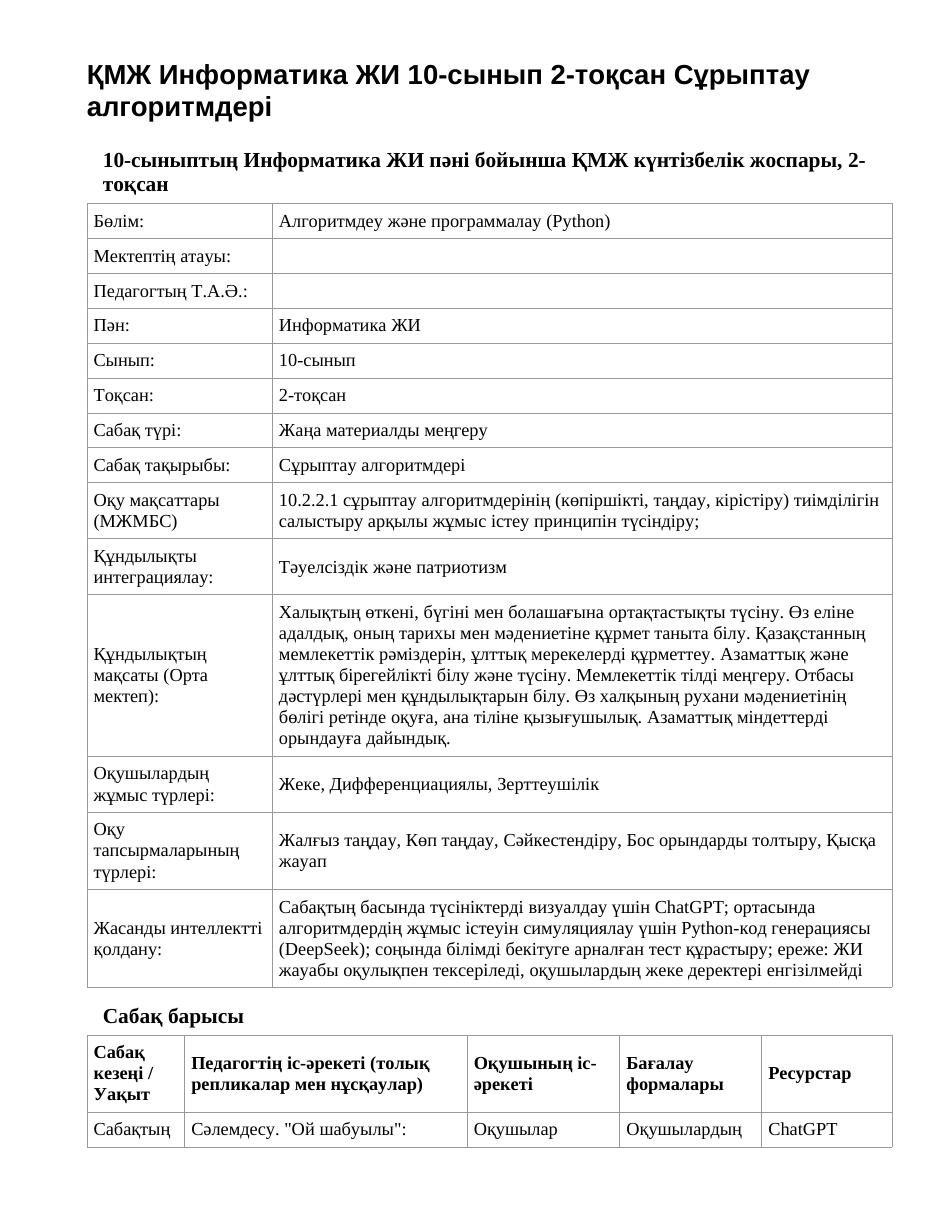 ҚМЖ Информатика ЖИ 10-сынып 2-тоқсан Сұрыптау алгоритмдері