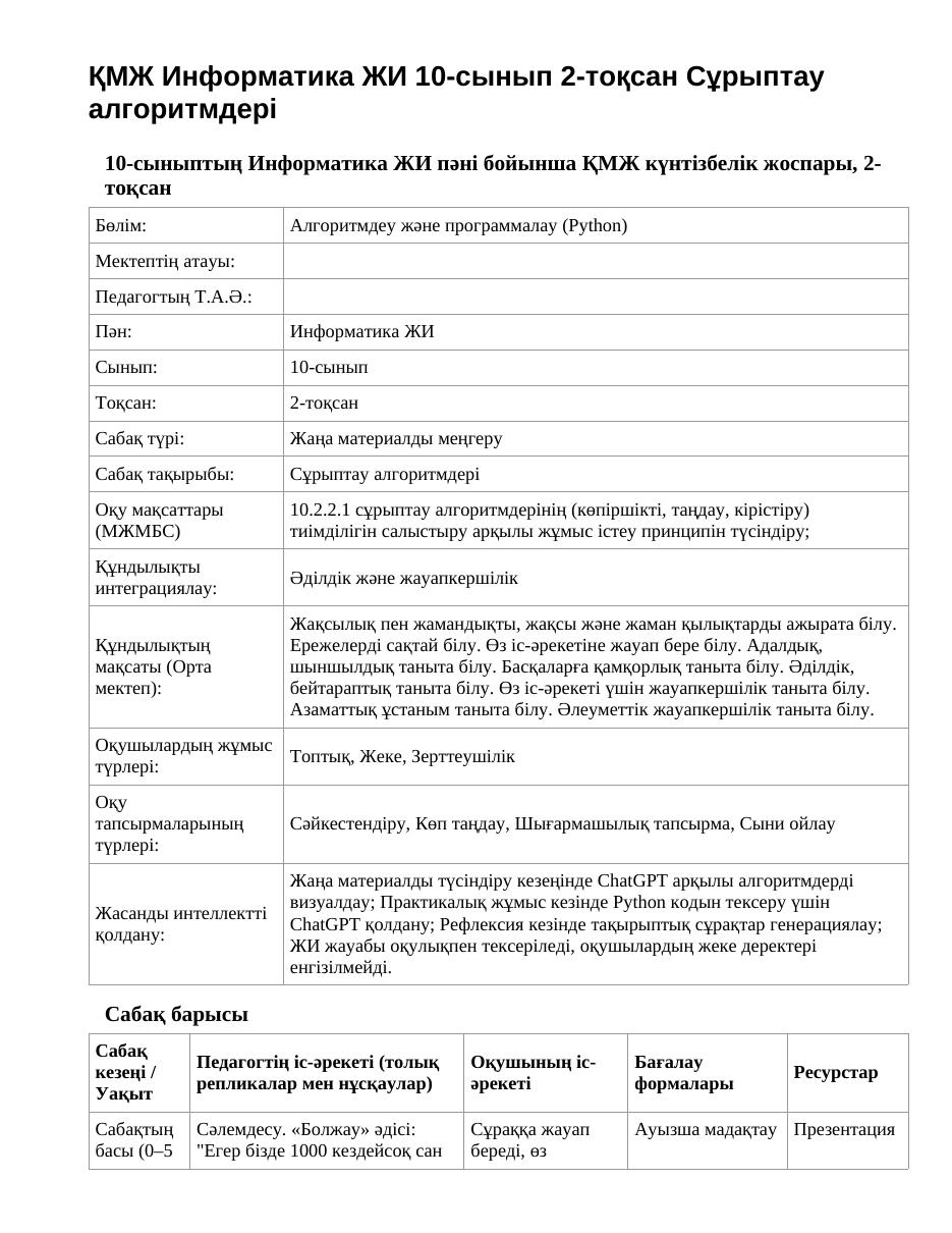 ҚМЖ Информатика ЖИ 10-сынып 2-тоқсан Сұрыптау алгоритмдері