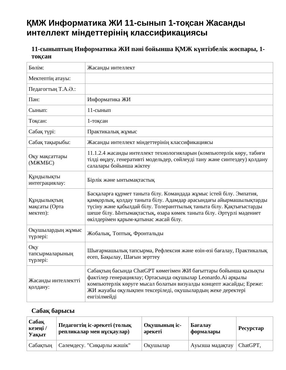 ҚМЖ Информатика ЖИ 11-сынып 1-тоқсан Жасанды интеллект міндеттерінің классификациясы