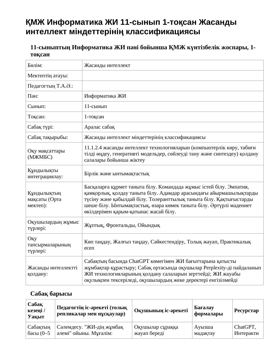 ҚМЖ Информатика ЖИ 11-сынып 1-тоқсан Жасанды интеллект міндеттерінің классификациясы