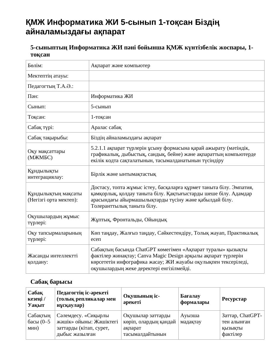ҚМЖ Информатика ЖИ 5-сынып 1-тоқсан Біздің айналамыздағы ақпарат
