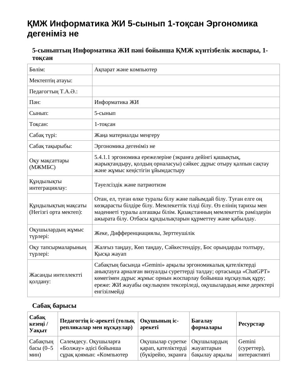 ҚМЖ Информатика ЖИ 5-сынып 1-тоқсан Эргономика дегеніміз не