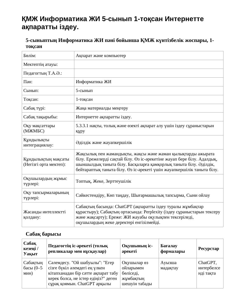 ҚМЖ Информатика ЖИ 5-сынып 1-тоқсан Интернетте ақпаратты іздеу.