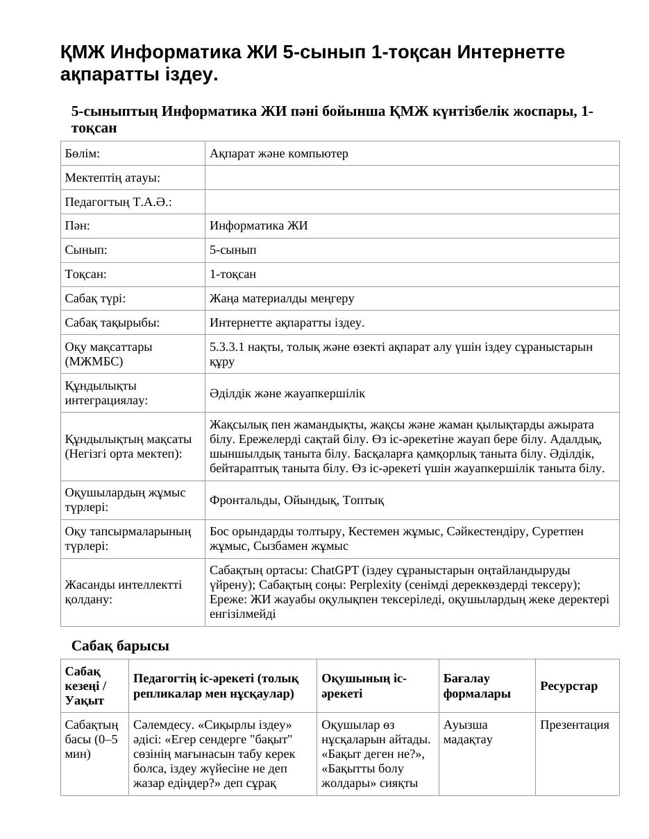 ҚМЖ Информатика ЖИ 5-сынып 1-тоқсан Интернетте ақпаратты іздеу.