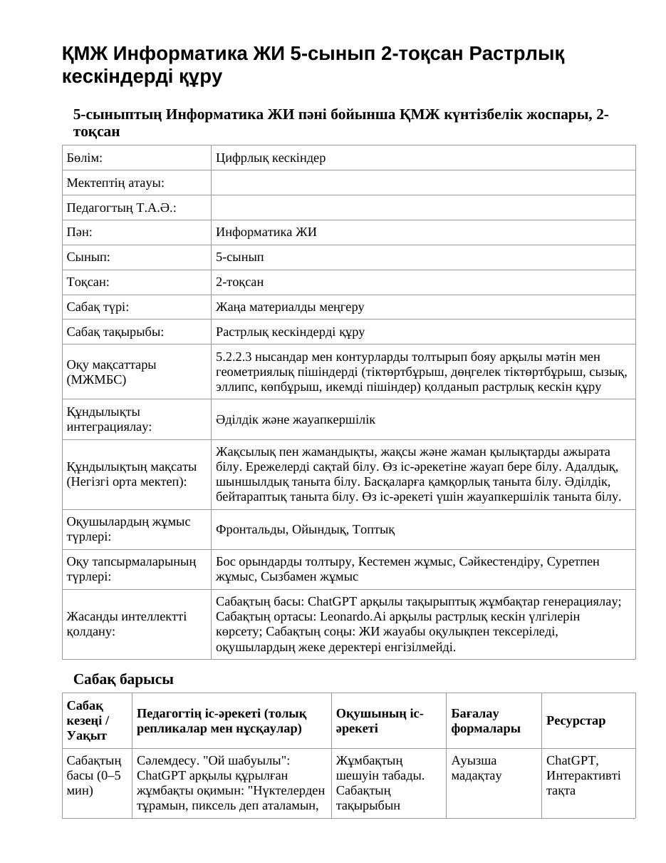 ҚМЖ Информатика ЖИ 5-сынып 2-тоқсан Растрлық кескіндерді құру
