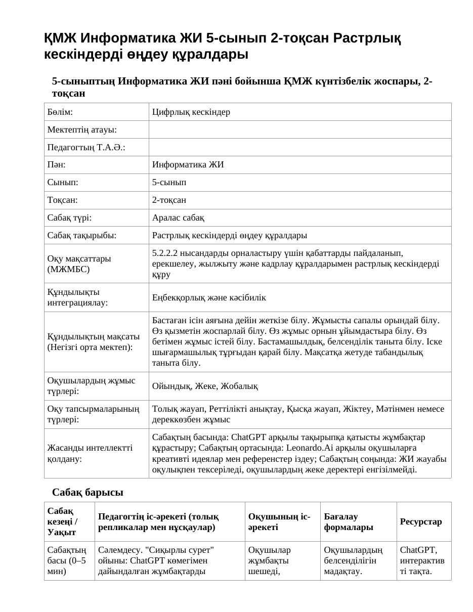 ҚМЖ Информатика ЖИ 5-сынып 2-тоқсан Растрлық кескіндерді өңдеу құралдары