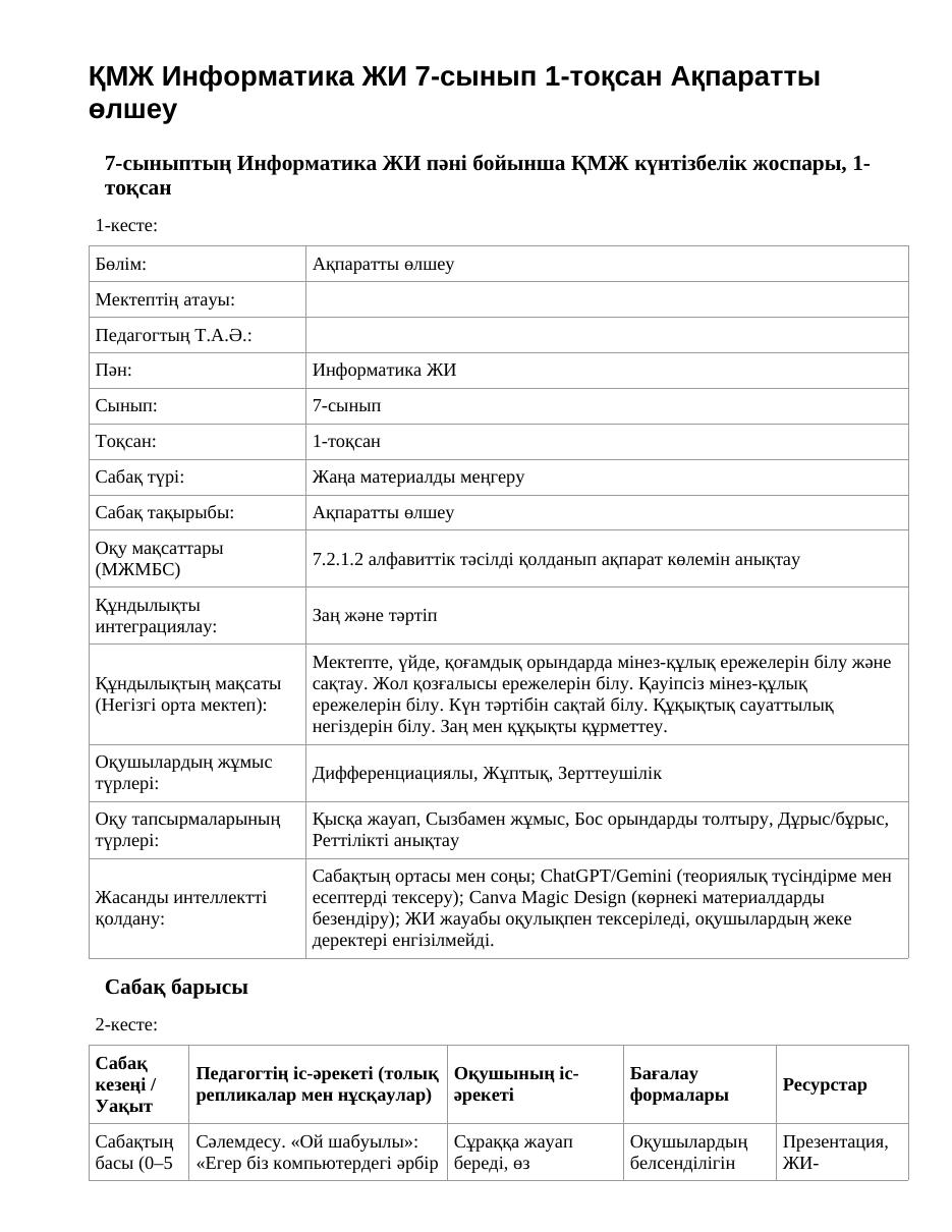 ҚМЖ Информатика ЖИ 7-сынып 1-тоқсан Ақпаратты өлшеу