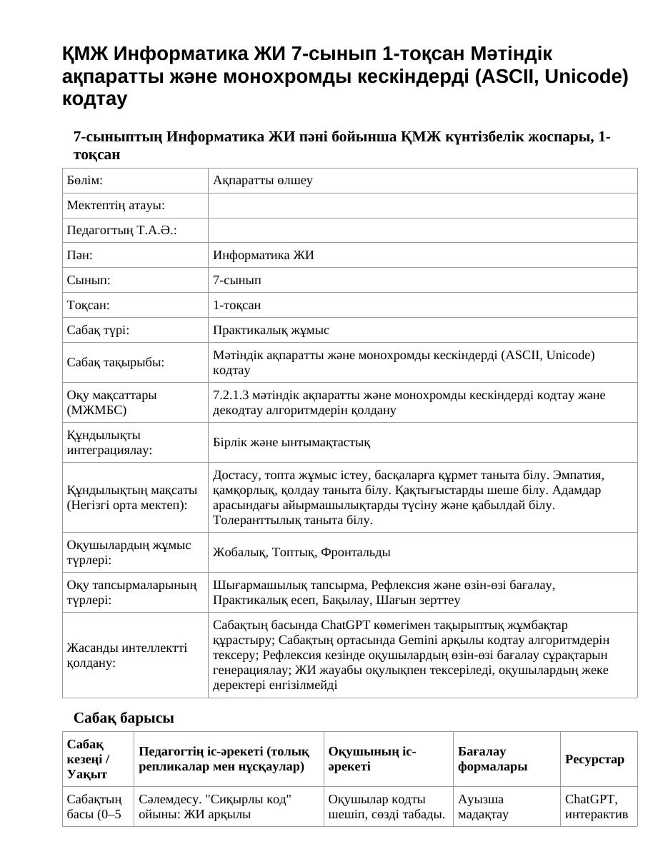 ҚМЖ Информатика ЖИ 7-сынып 1-тоқсан Мәтіндік ақпаратты және монохромды кескіндерді (ASCII, Unicode) кодтау