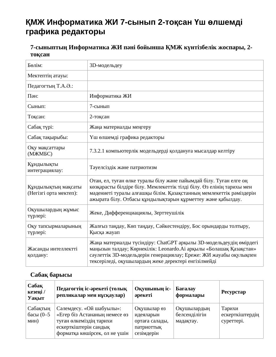 ҚМЖ Информатика ЖИ 7-сынып 2-тоқсан Үш өлшемді графика редакторы