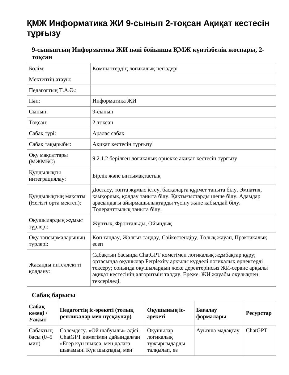 ҚМЖ Информатика ЖИ 9-сынып 2-тоқсан Ақиқат кестесін тұрғызу