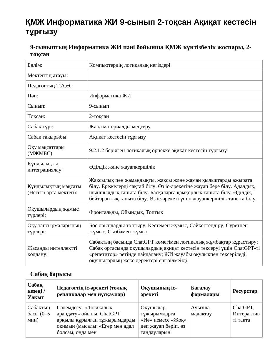 ҚМЖ Информатика ЖИ 9-сынып 2-тоқсан Ақиқат кестесін тұрғызу