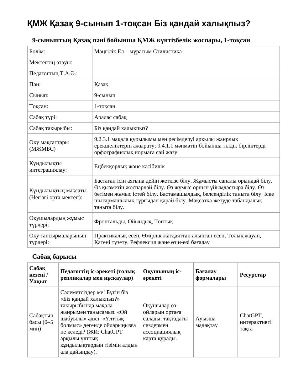 ҚМЖ Қазақ 9-сынып 1-тоқсан Біз қандай халықпыз?