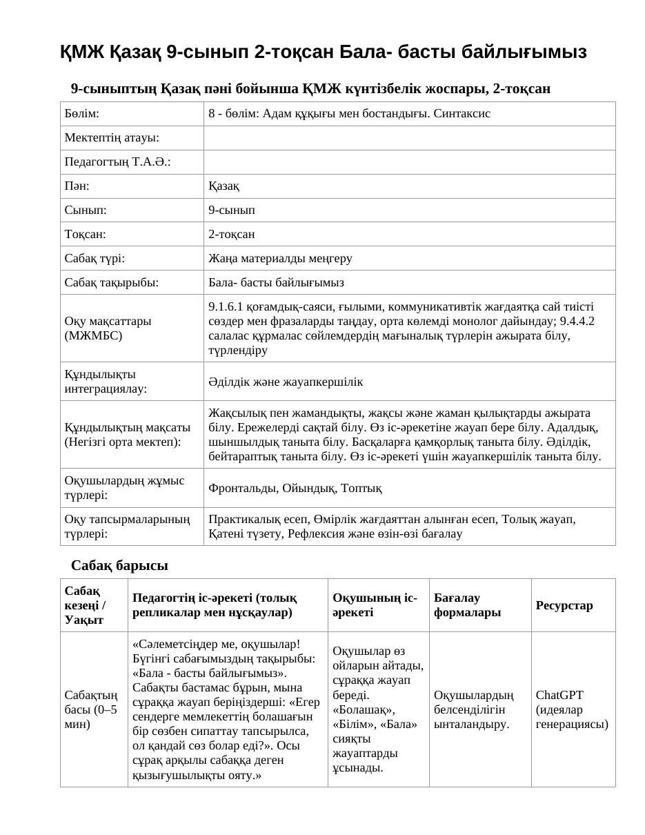 ҚМЖ Қазақ 9-сынып 2-тоқсан Бала- басты байлығымыз