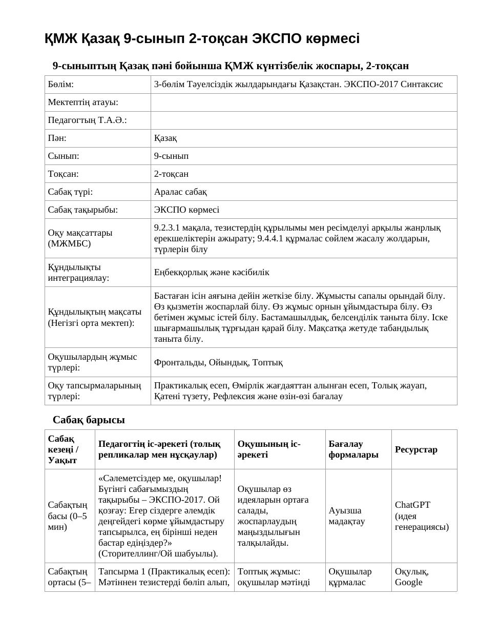 ҚМЖ Қазақ 9-сынып 2-тоқсан ЭКСПО көрмесі