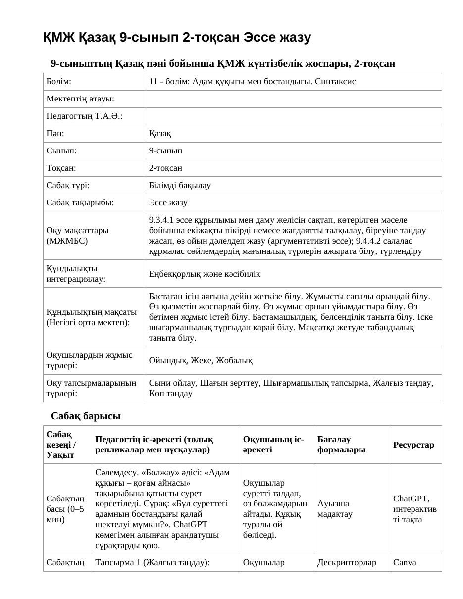 ҚМЖ Қазақ 9-сынып 2-тоқсан Эссе жазу