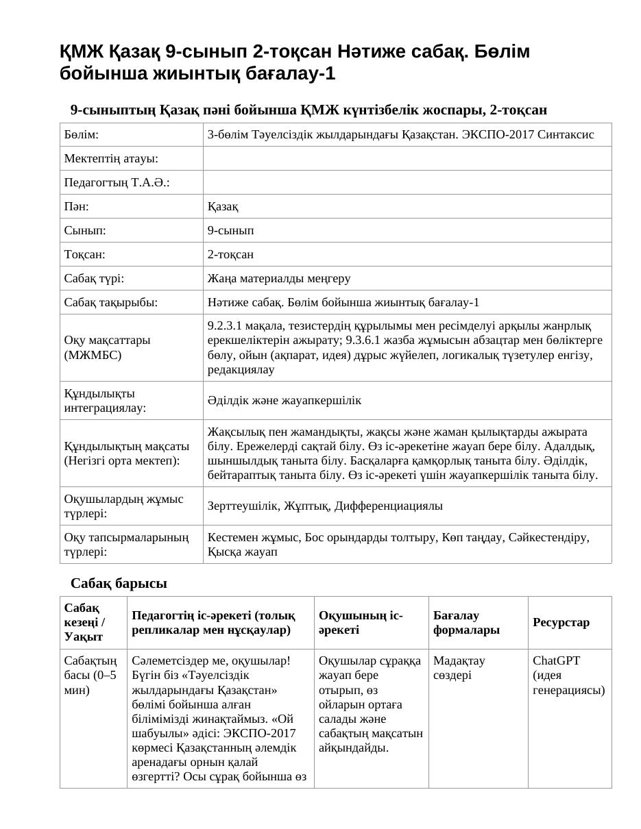 ҚМЖ Қазақ 9-сынып 2-тоқсан Нәтиже сабақ. Бөлім бойынша жиынтық бағалау-1