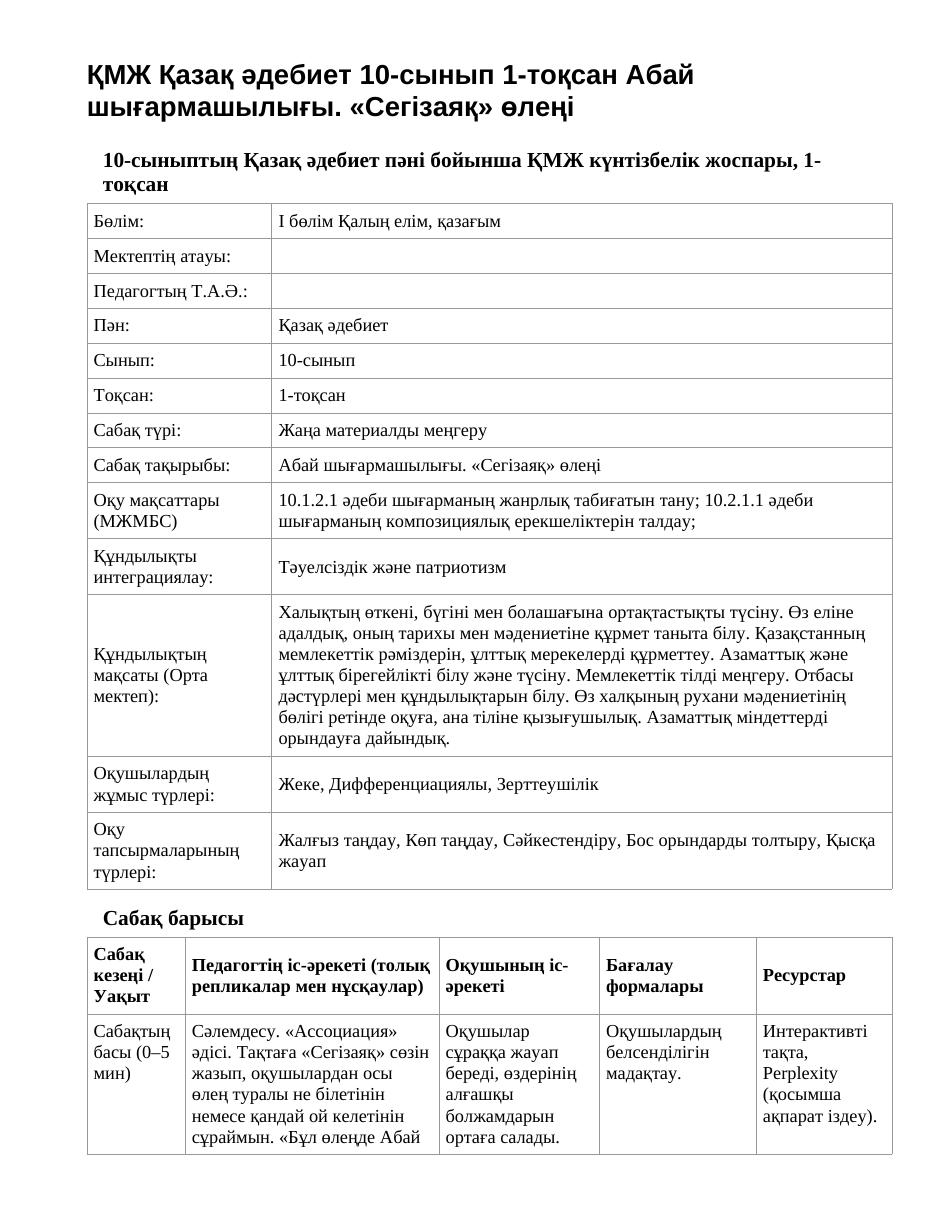 ҚМЖ Қазақ әдебиет 10-сынып 1-тоқсан Абай шығармашылығы. «Сегізаяқ» өлеңі