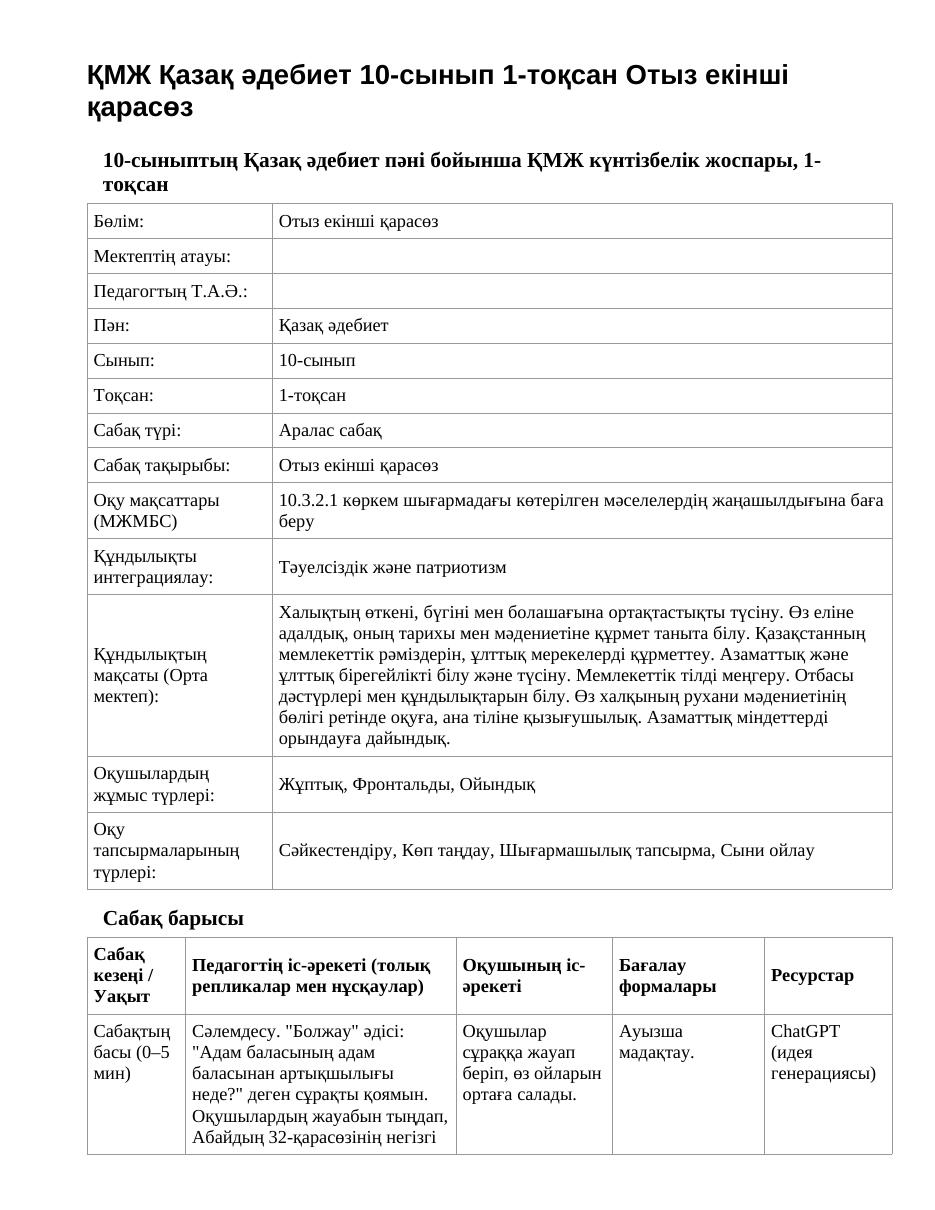 ҚМЖ Қазақ әдебиет 10-сынып 1-тоқсан Отыз екінші қарасөз
