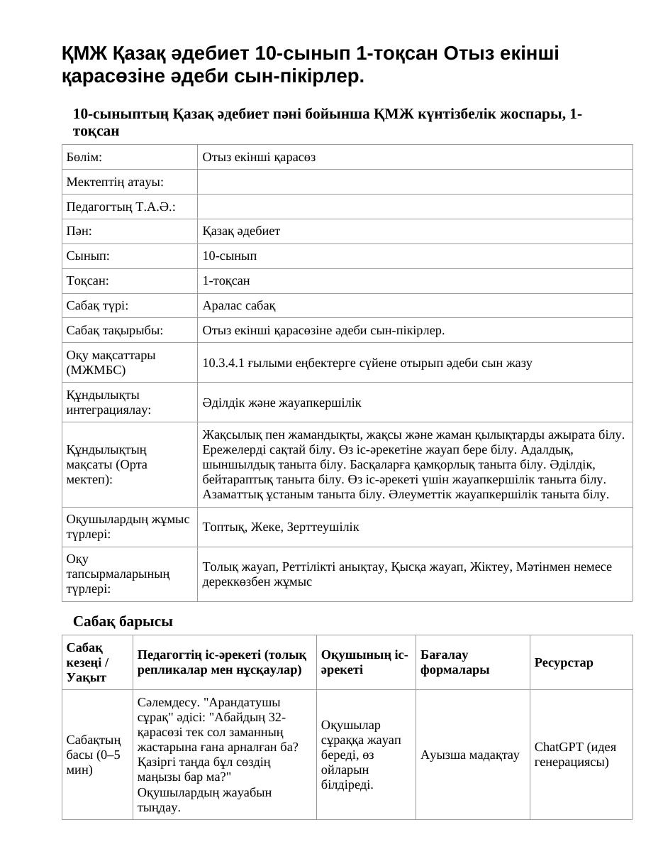 ҚМЖ Қазақ әдебиет 10-сынып 1-тоқсан Отыз екінші қарасөзіне әдеби сын-пікірлер.