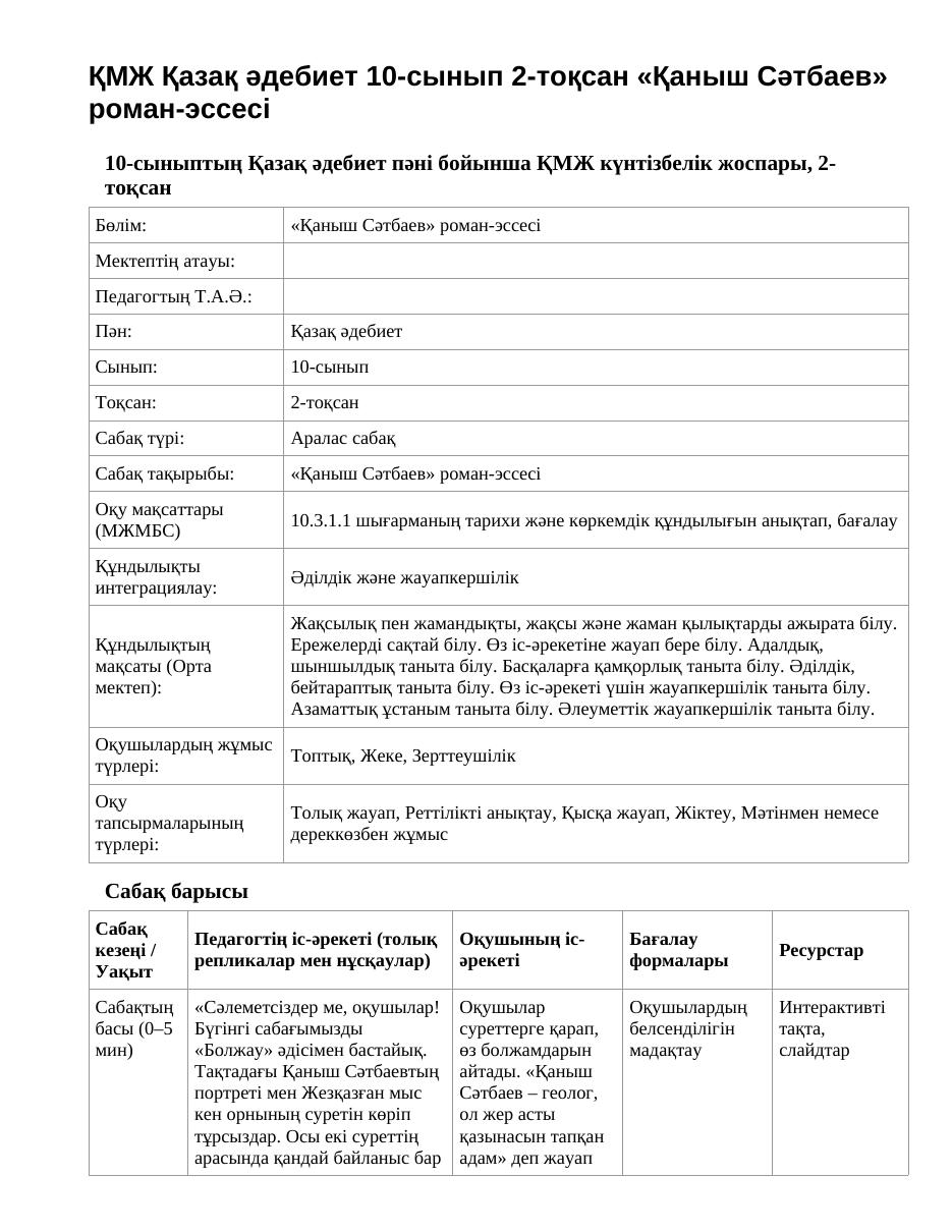 ҚМЖ Қазақ әдебиет 10-сынып 2-тоқсан «Қаныш Сәтбаев» роман-эссесі