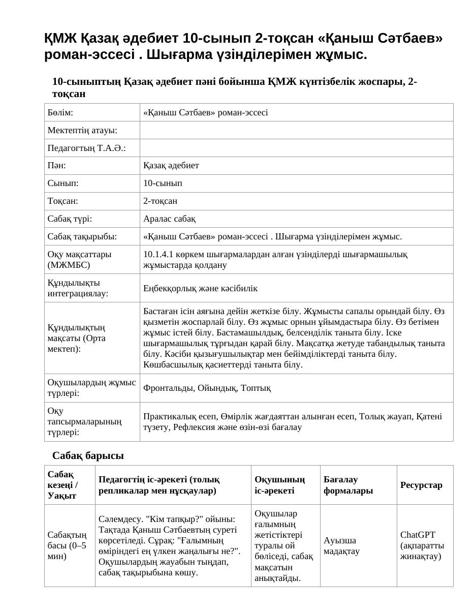ҚМЖ Қазақ әдебиет 10-сынып 2-тоқсан «Қаныш Сәтбаев» роман-эссесі . Шығарма үзінділерімен жұмыс.