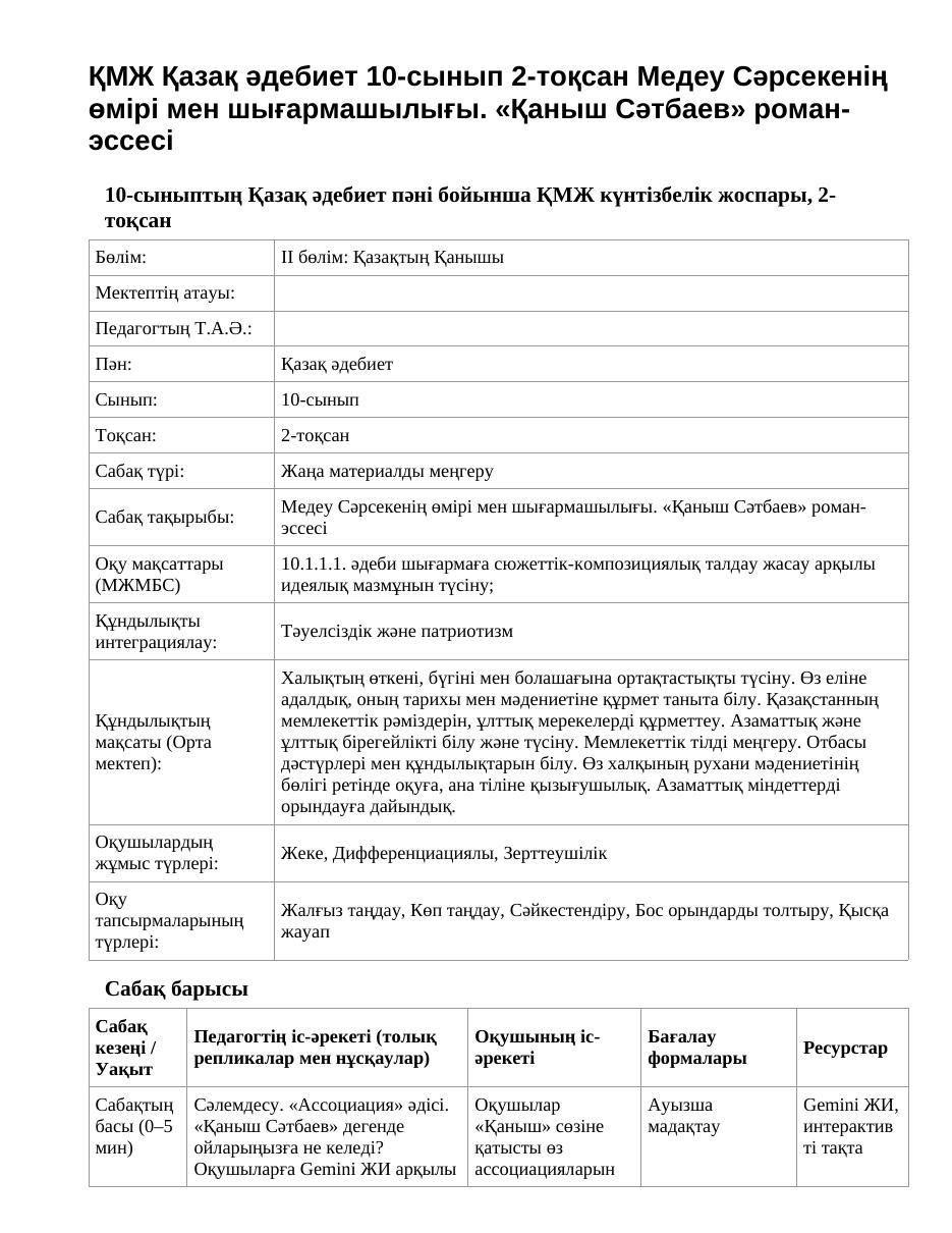 ҚМЖ Қазақ әдебиет 10-сынып 2-тоқсан Медеу Сәрсекенің өмірі мен шығармашылығы. «Қаныш Сәтбаев» роман-эссесі
