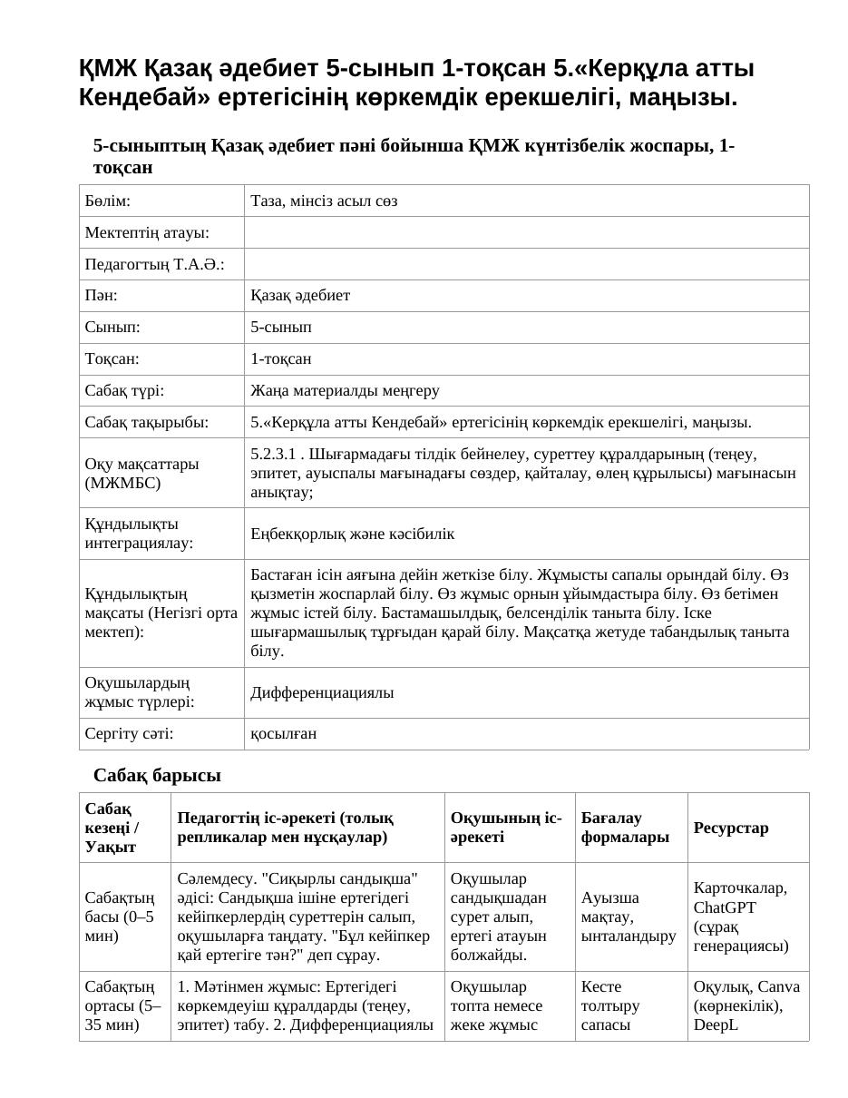 ҚМЖ Қазақ әдебиет 5-сынып 1-тоқсан 5.«Керқұла атты Кендебай» ертегісінің көркемдік ерекшелігі, маңызы.