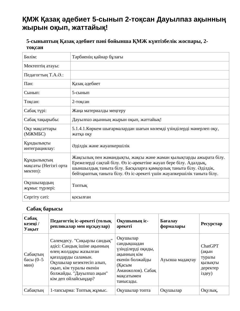ҚМЖ Қазақ әдебиет 5-сынып 2-тоқсан Дауылпаз ақынның жырын оқып, жаттайық!