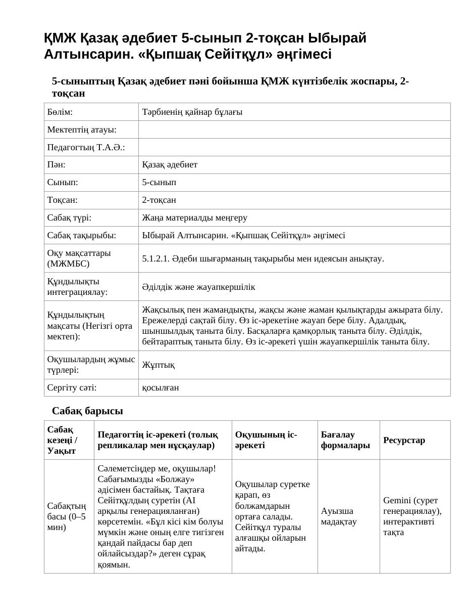 ҚМЖ Қазақ әдебиет 5-сынып 2-тоқсан Ыбырай Алтынсарин. «Қыпшақ Сейітқұл» әңгімесі