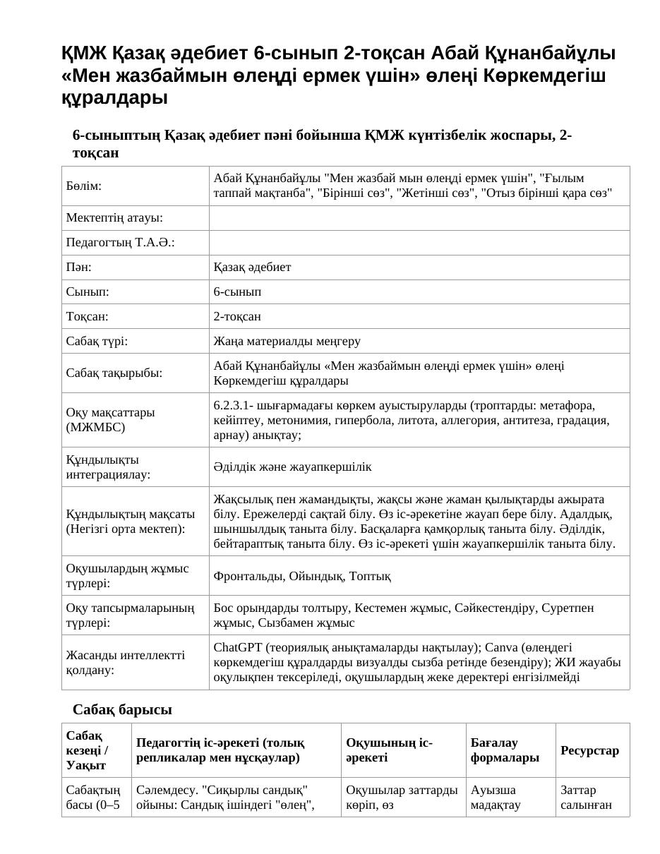 ҚМЖ Қазақ әдебиет 6-сынып 2-тоқсан Абай Құнанбайұлы «Мен жазбаймын өлеңді ермек үшін» өлеңі Көркемдегіш құралдары