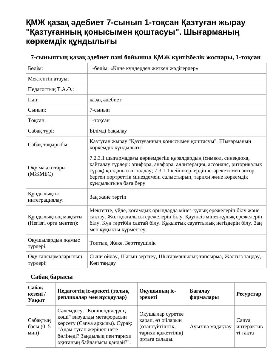 ҚМЖ қазақ әдебиет 7-сынып 1-тоқсан Қазтуған жырау "Қазтуғанның қонысымен қоштасуы". Шығарманың көркемдік құндылығы