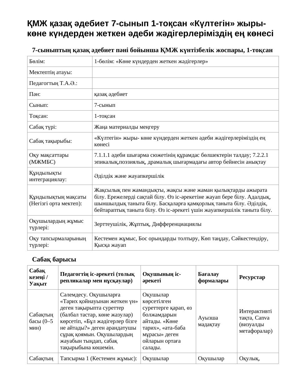 ҚМЖ қазақ әдебиет 7-сынып 1-тоқсан «Күлтегін» жыры- көне күндерден жеткен әдеби жәдігерлеріміздің ең көнесі