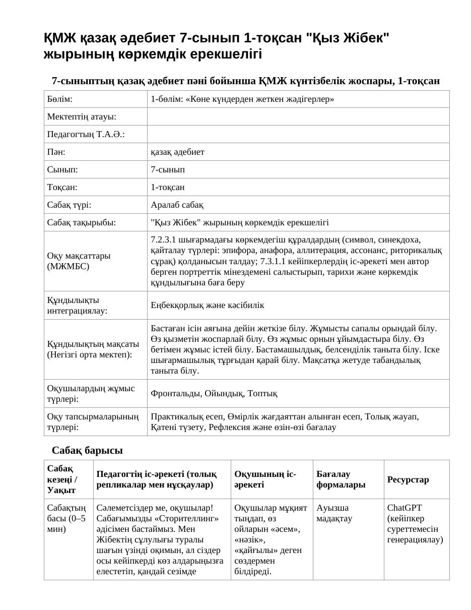 ҚМЖ қазақ әдебиет 7-сынып 1-тоқсан "Қыз Жібек" жырының көркемдік ерекшелігі