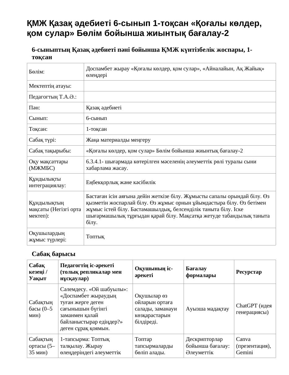 ҚМЖ Қазақ әдебиеті 6-сынып 1-тоқсан «Қоғалы көлдер, қом сулар» Бөлім бойынша жиынтық бағалау-2