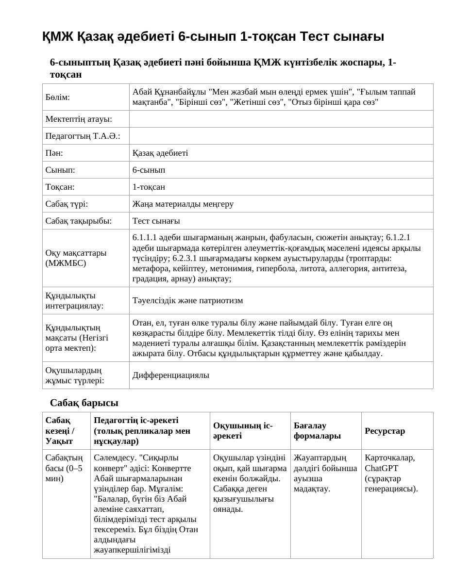 ҚМЖ Қазақ әдебиеті 6-сынып 1-тоқсан Тест сынағы
