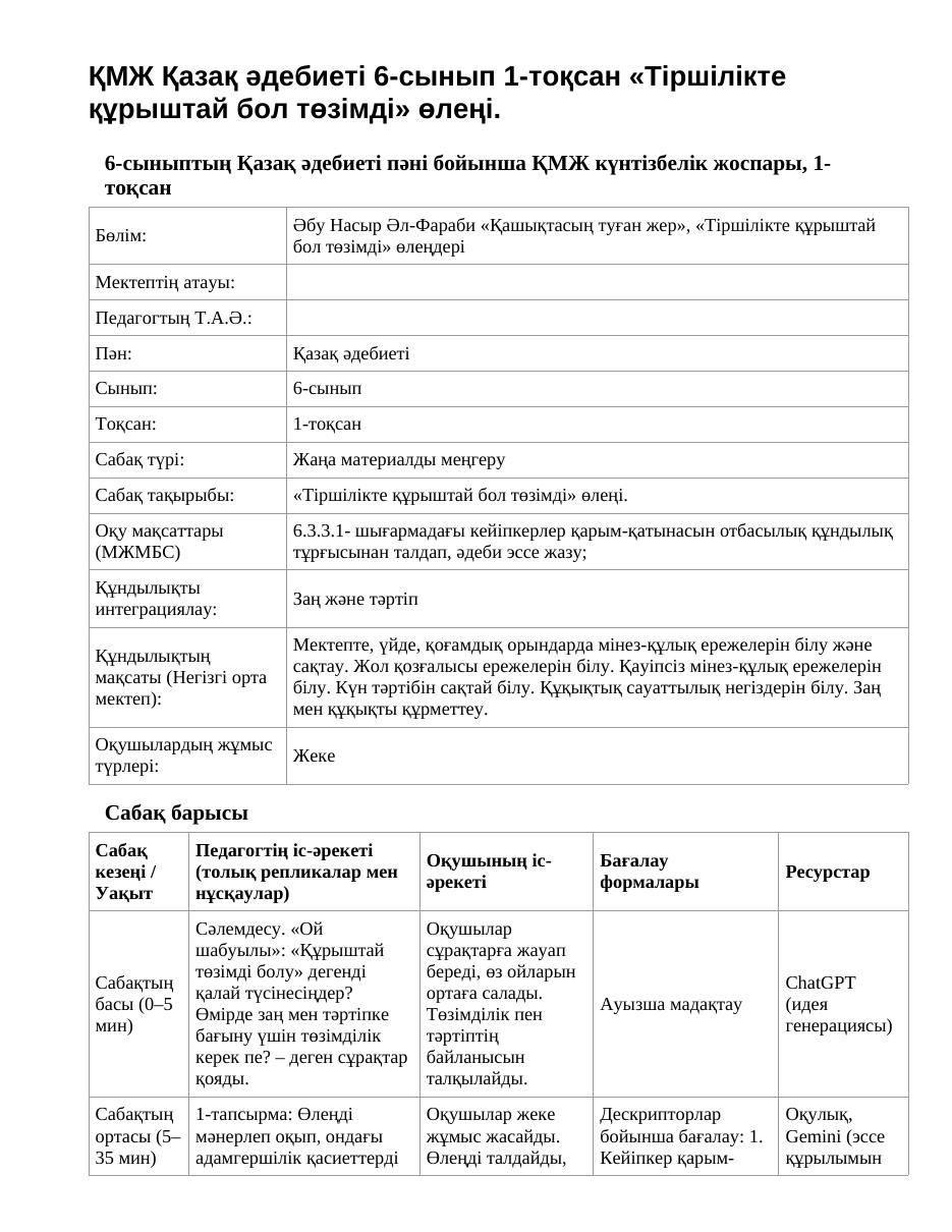 ҚМЖ Қазақ әдебиеті 6-сынып 1-тоқсан «Тіршілікте құрыштай бол төзімді» өлеңі.