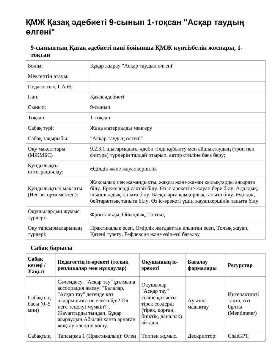 ҚМЖ Қазақ әдебиеті 9-сынып 1-тоқсан "Асқар таудың өлгені"