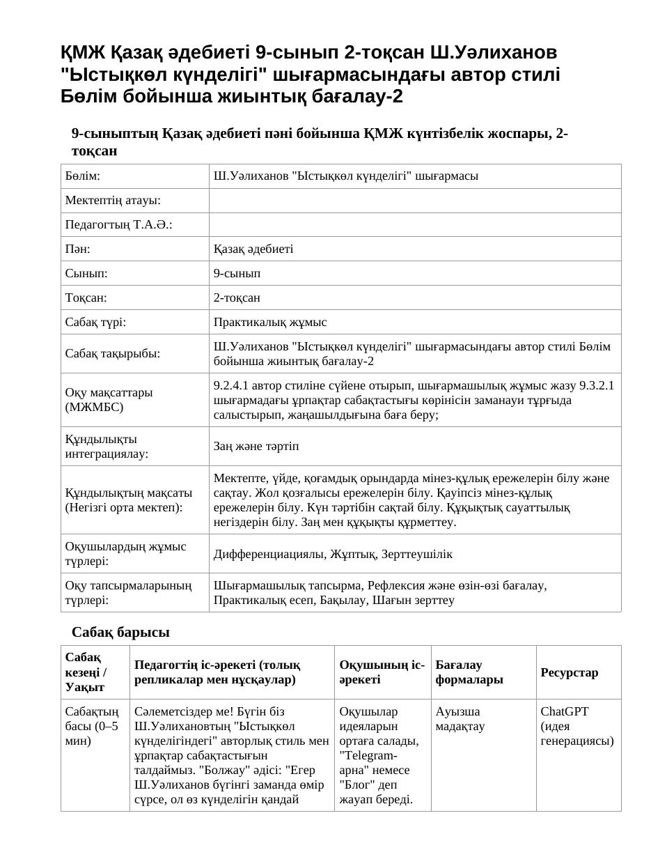 ҚМЖ Қазақ әдебиеті 9-сынып 2-тоқсан Ш.Уәлиханов "Ыстықкөл күнделігі" шығармасындағы автор стилі Бөлім бойынша жиынтық бағалау-2