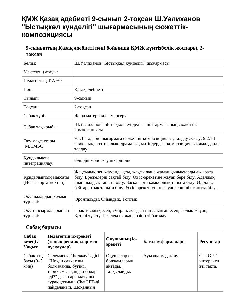 ҚМЖ Қазақ әдебиеті 9-сынып 2-тоқсан Ш.Уәлиханов "Ыстықкөл күнделігі" шығармасының сюжеттік-композициясы