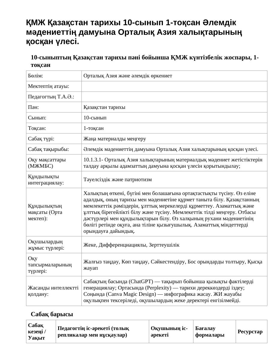 ҚМЖ Қазақстан тарихы 10-сынып 1-тоқсан Әлемдік мәдениеттің дамуына Орталық Азия халықтарының қосқан үлесі.
