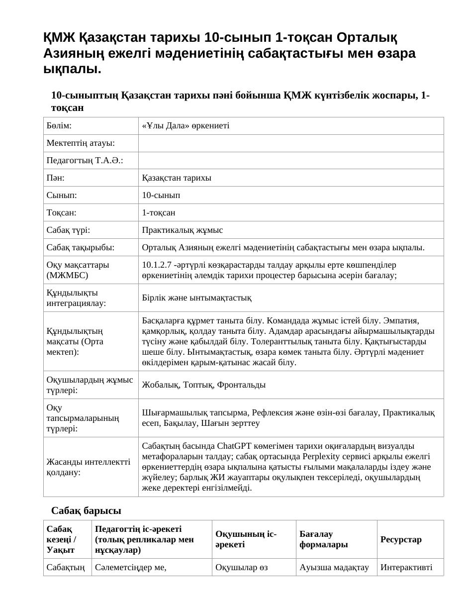 ҚМЖ Қазақстан тарихы 10-сынып 1-тоқсан Орталық Азияның ежелгі мәдениетінің сабақтастығы мен өзара ықпалы.