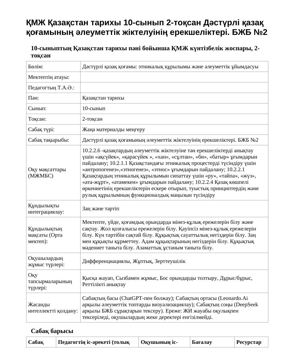 ҚМЖ Қазақстан тарихы 10-сынып 2-тоқсан Дәстүрлі қазақ қоғамының әлеуметтік жіктелуінің ерекшеліктері. БЖБ №2