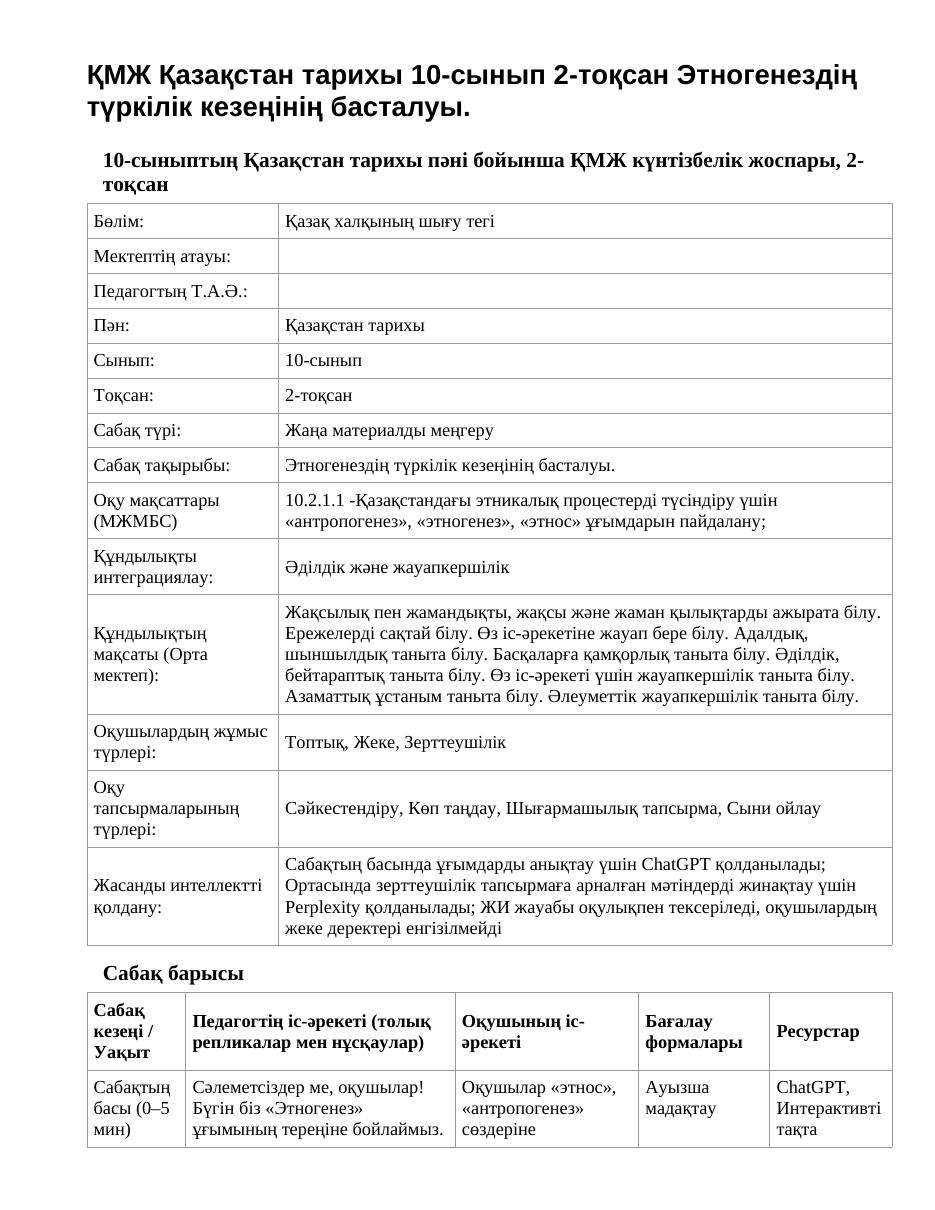 ҚМЖ Қазақстан тарихы 10-сынып 2-тоқсан Этногенездің түркілік кезеңінің басталуы.